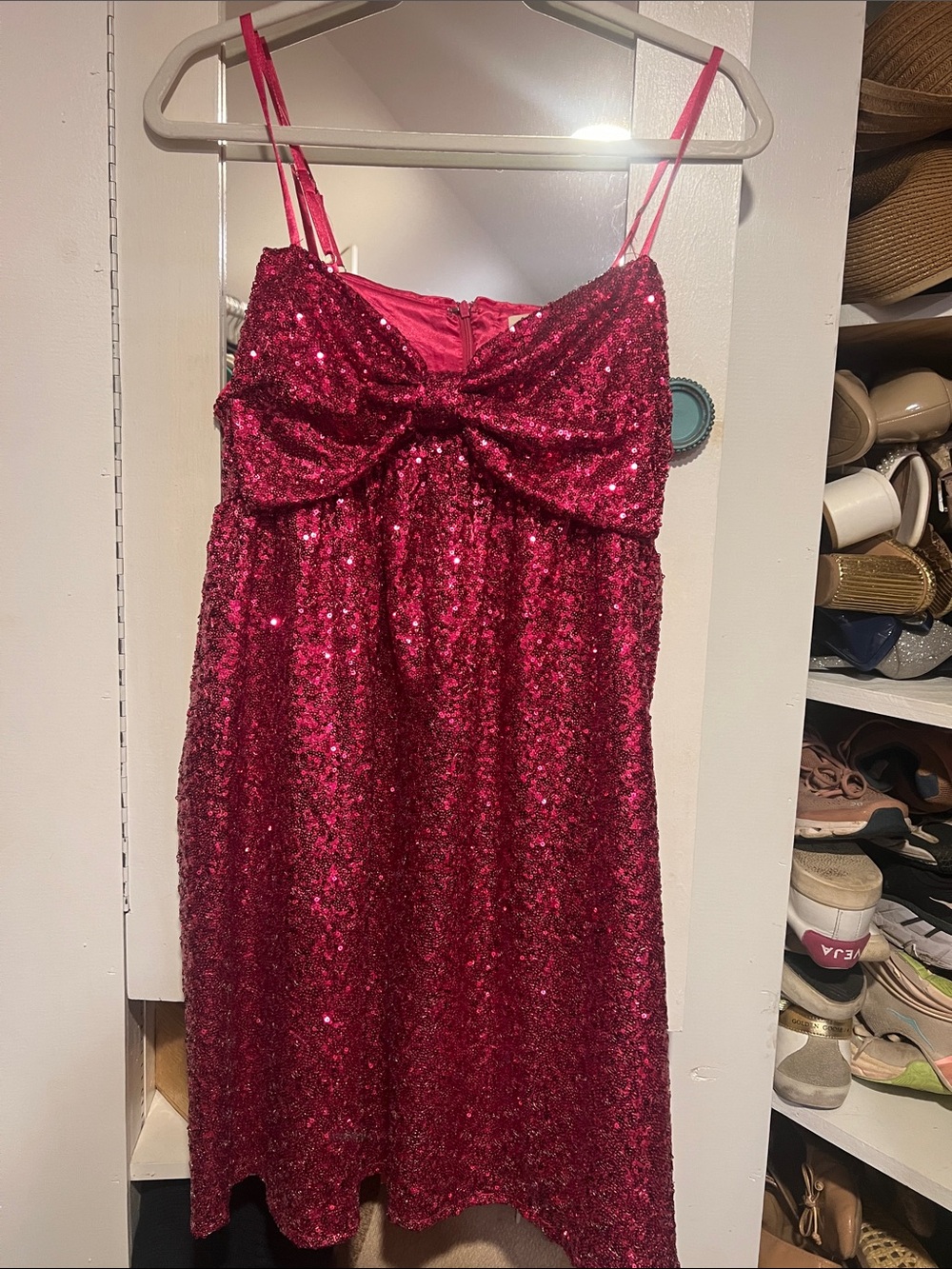Peach Love California Pink Sequin Bow Slip Dress